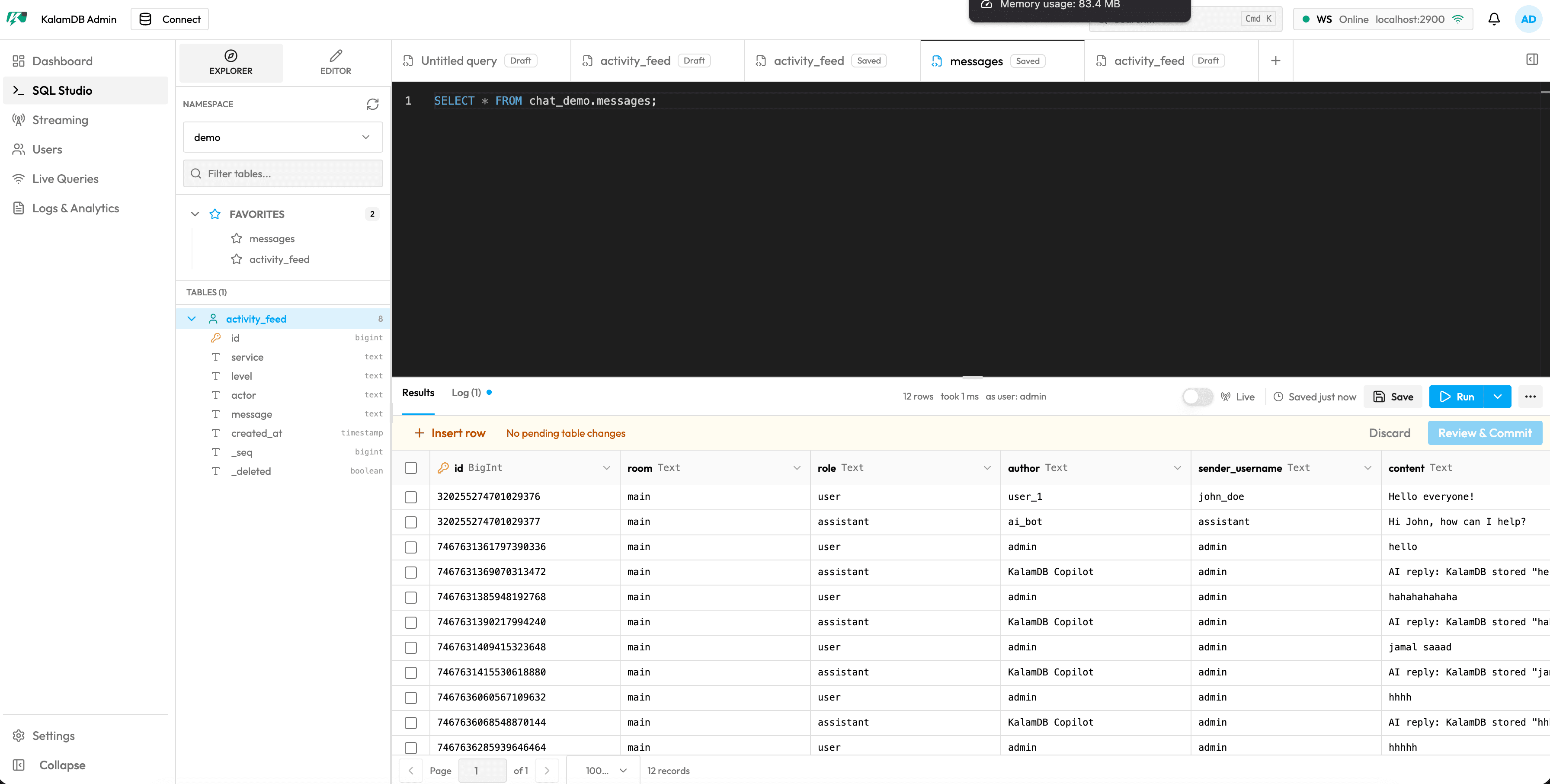 KalamDB Admin UI SQL Studio with the left navigation, namespace explorer, query editor, and table details