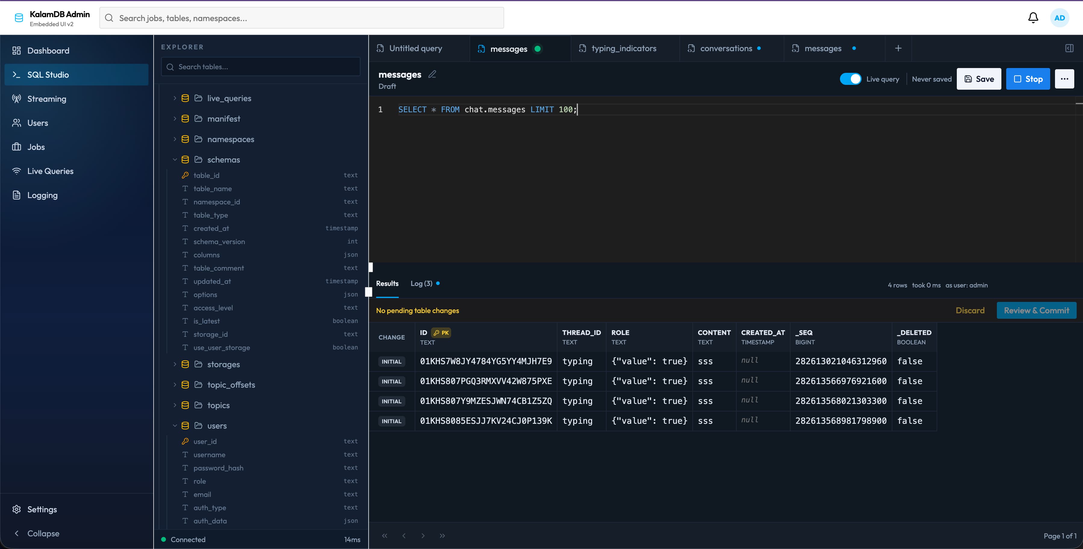 KalamDB Admin UI showing SQL Studio with live query results