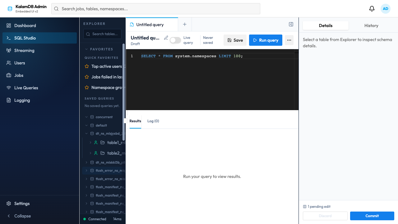 KalamDB Admin UI SQL Studio